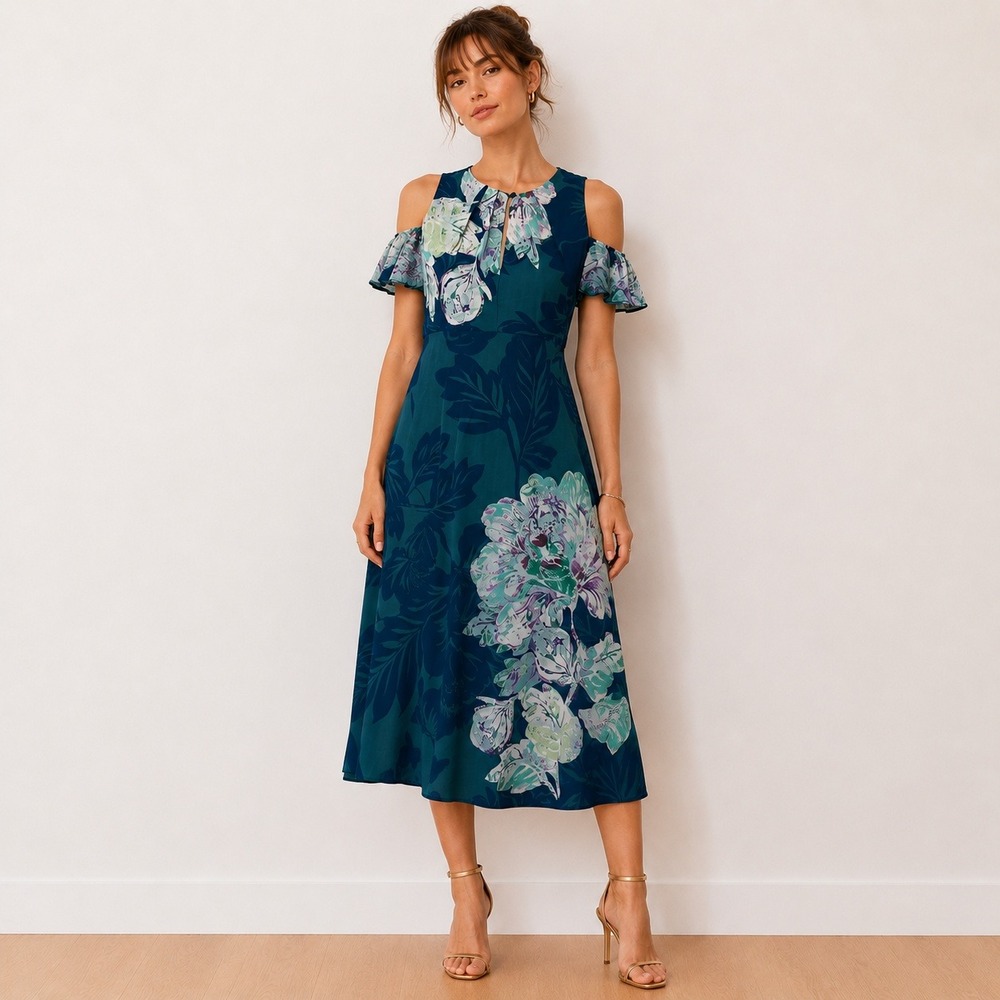 Maeve Anthropologie Teal Floral Cold Shoulder Midi Dress‎ Size 2 Flutter NWOT